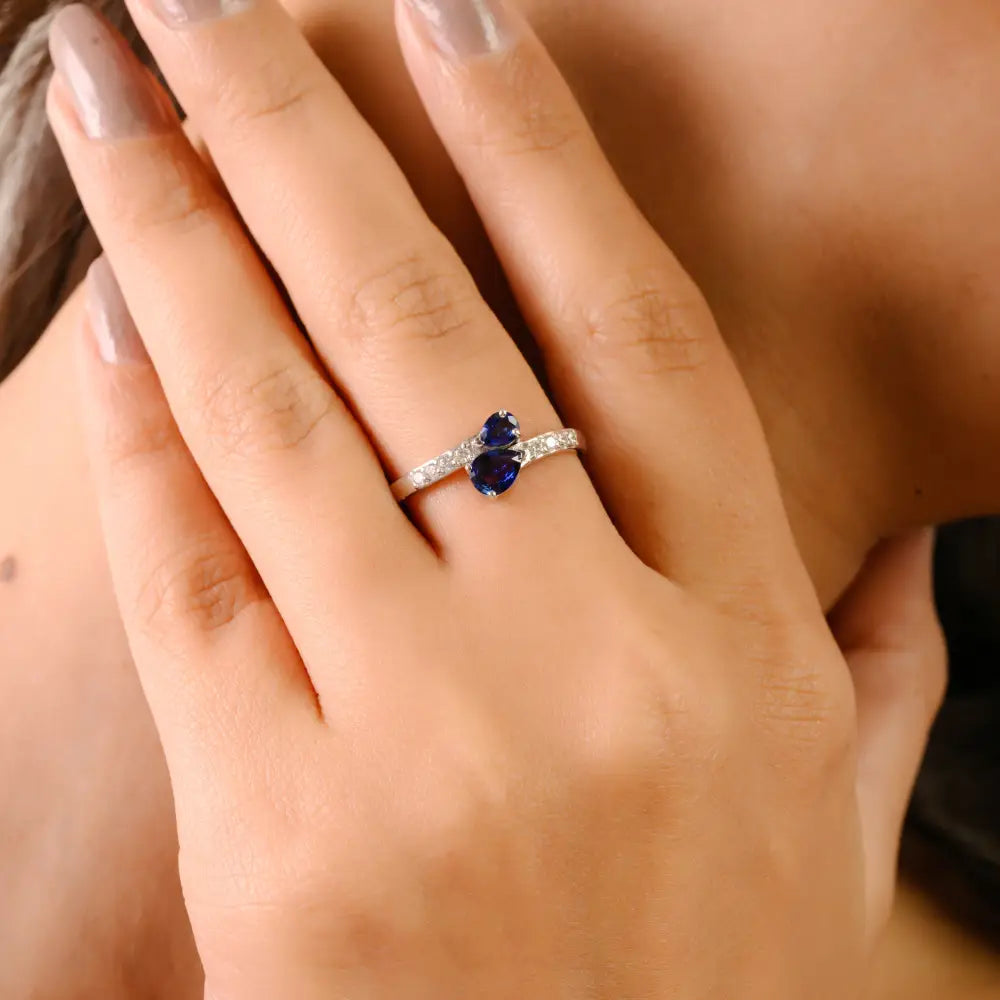 Simple Design 14K White Gold Blue Sapphire & Diamond Minimal Bypass Ring Best Price Jewelry