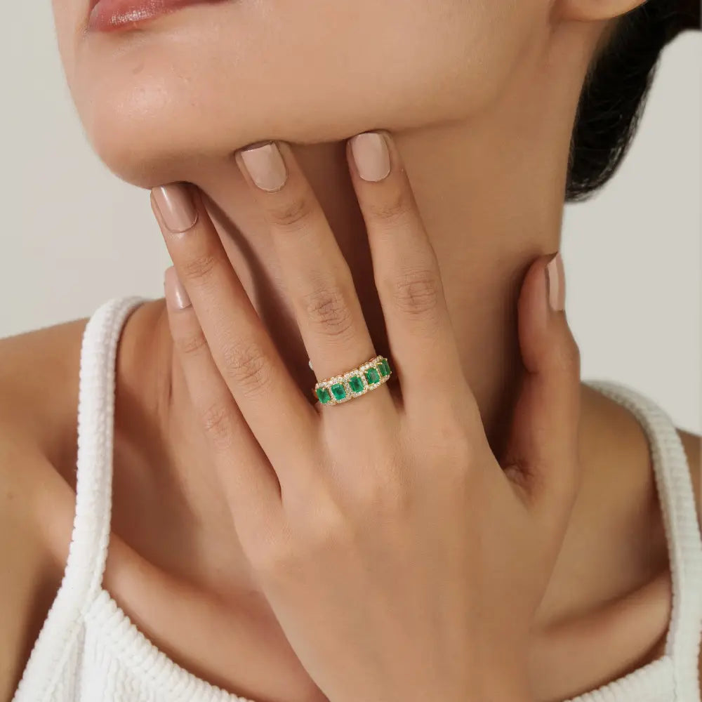 Natural Zambian Emerald & Diamond 14K Real Yellow Gold Halo Half Eternity Band Ring
