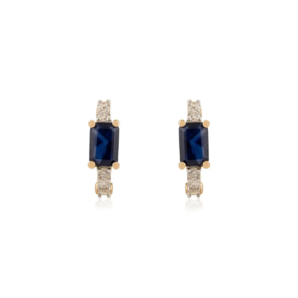 Real K14 Yellow Gold Blue Sapphire & Diamond Minimal Hoop Earrings Handmade Jewelry