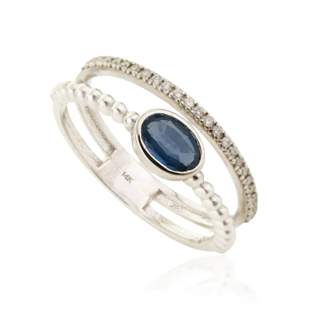 Latest Collection 14K Solid Gold Blue Sapphire & Diamond Double Band Ring Wedding Jewelry
