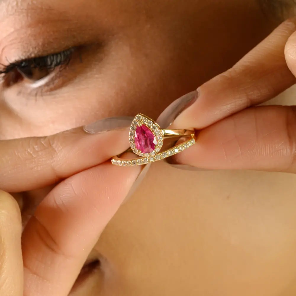 Pear Shape Ruby & Diamond Halo Floating Designer Ring 14K Yellow Gold Wedding Jewelry
