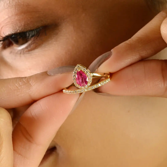 Pear Shape Ruby & Diamond Halo Floating Designer Ring 14K Yellow Gold Wedding Jewelry