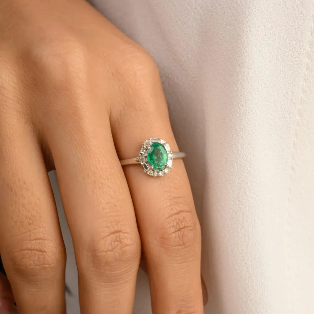 Trending Jewelry Natural Emerald & Diamond 14K White Gold Genuine Ring