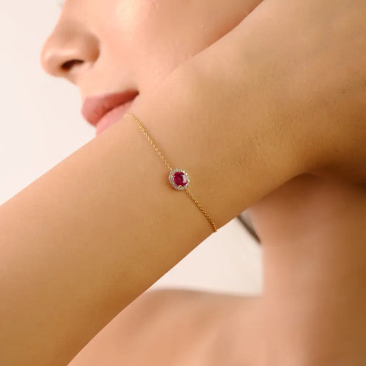 Stunning Precious Gemstone Ruby & Diamond 14K Yellow Gold Solitaire Halo Bracelet Women