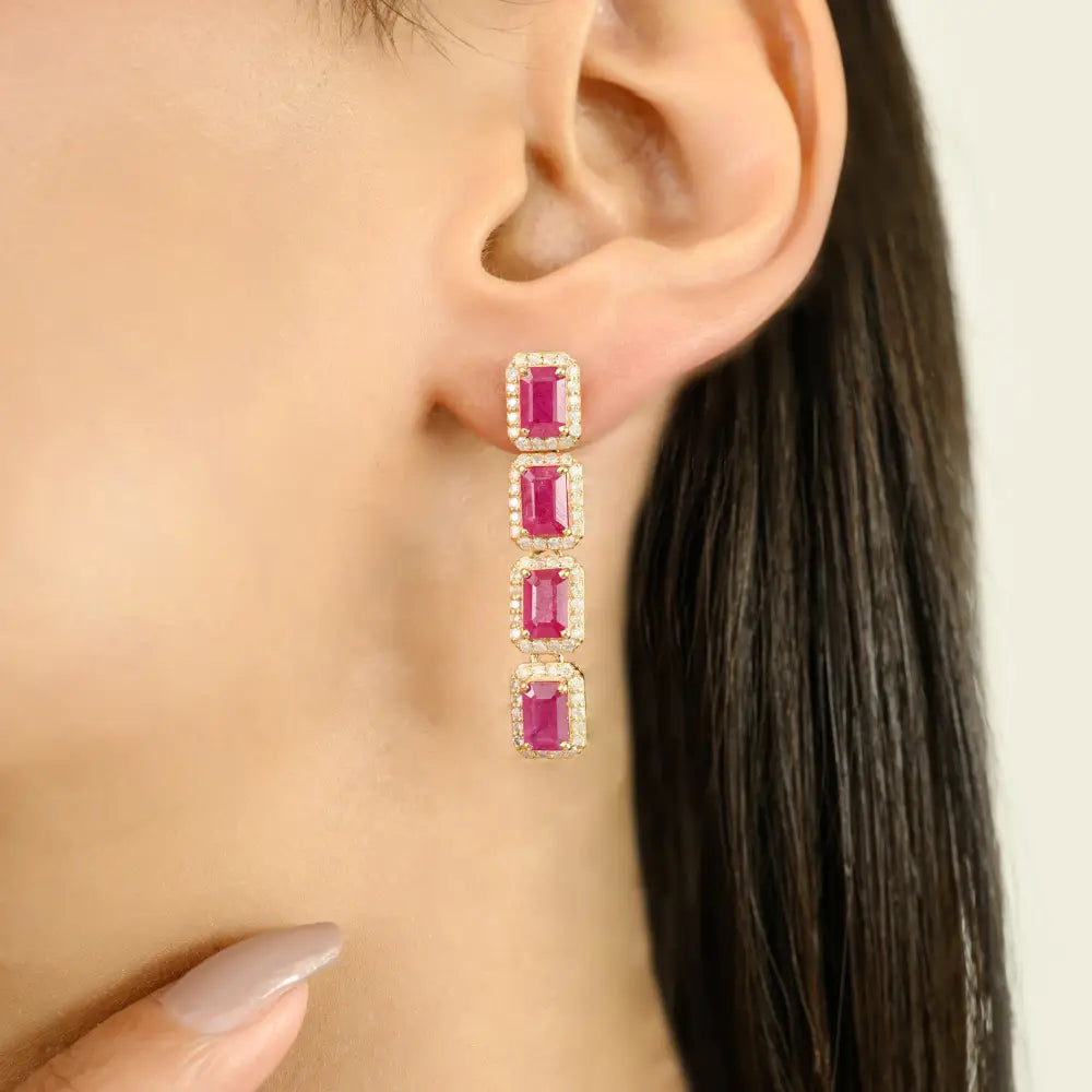 Bold Jewelry 14K Yellow Gold Ruby & Diamond Long Statement Dangle Earrings For Wedding