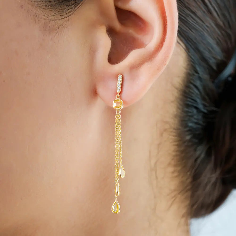 Light Weight 14K Real Gold Yellow Sapphire & Diamond Triple Link Chain Drop Earrings Women's