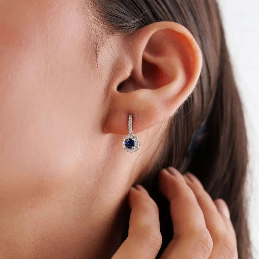 Real 14K White Gold Blue Sapphire & Diamond Minimal Halo Drop Earrings Everyday Wear Jewelry