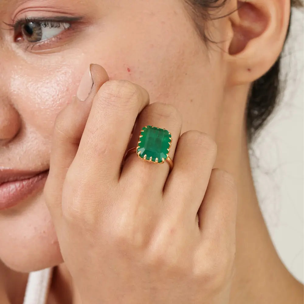 18K Solid Yellow Gold Zambian Emerald Big Gemstone Solitaire Ring Bold Statement Jewelry