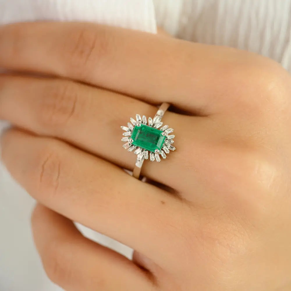 Unique Design Handmade Emerald & Diamond 14K Real White Gold Cluster Ring Fine Jewelry