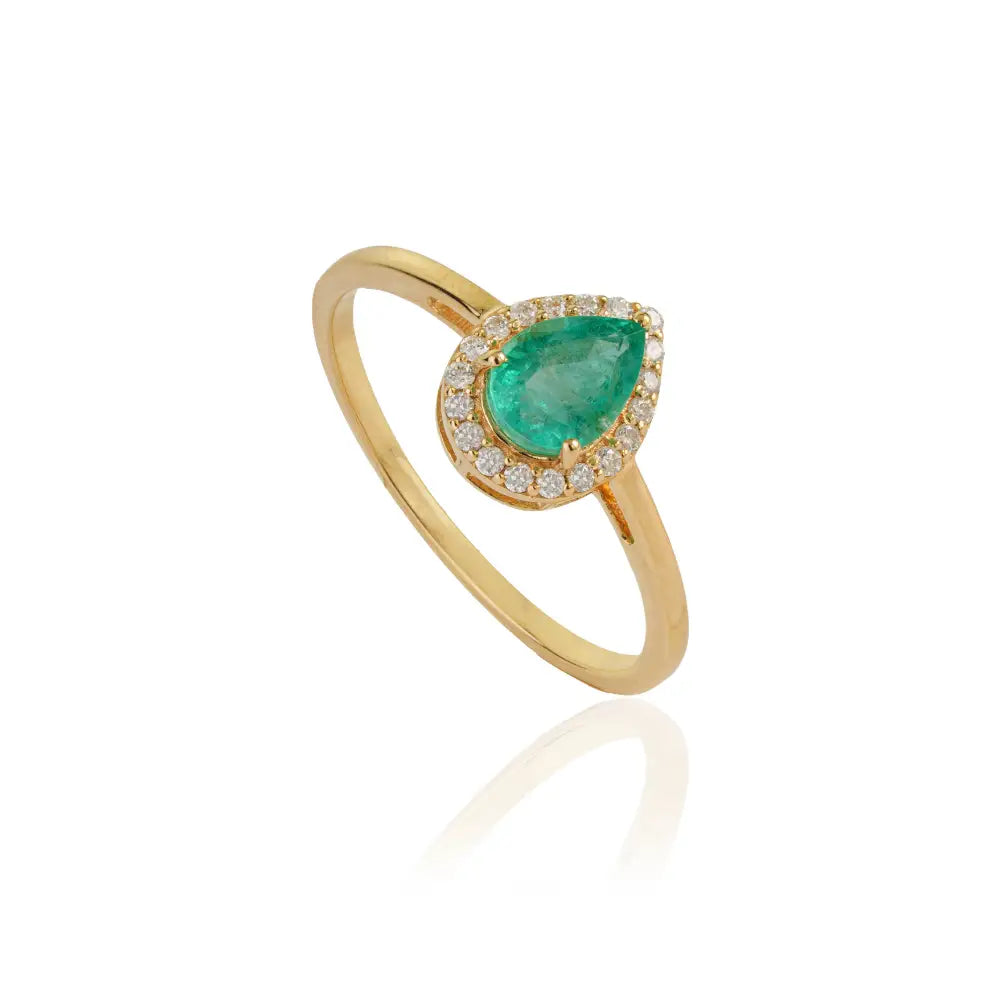 Minimal Emerald & Diamond K18 Solid Yellow Gold Pear Shape Halo Ring Customized Jewelry