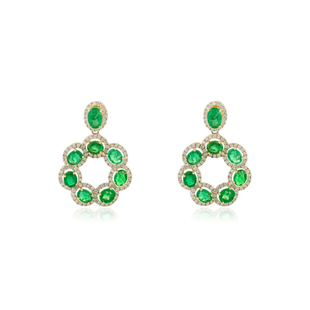 Floral Inspired Zambian Emerald & Diamond Statement Drop Earrings 18K Yellow Gold Fine Jewelry