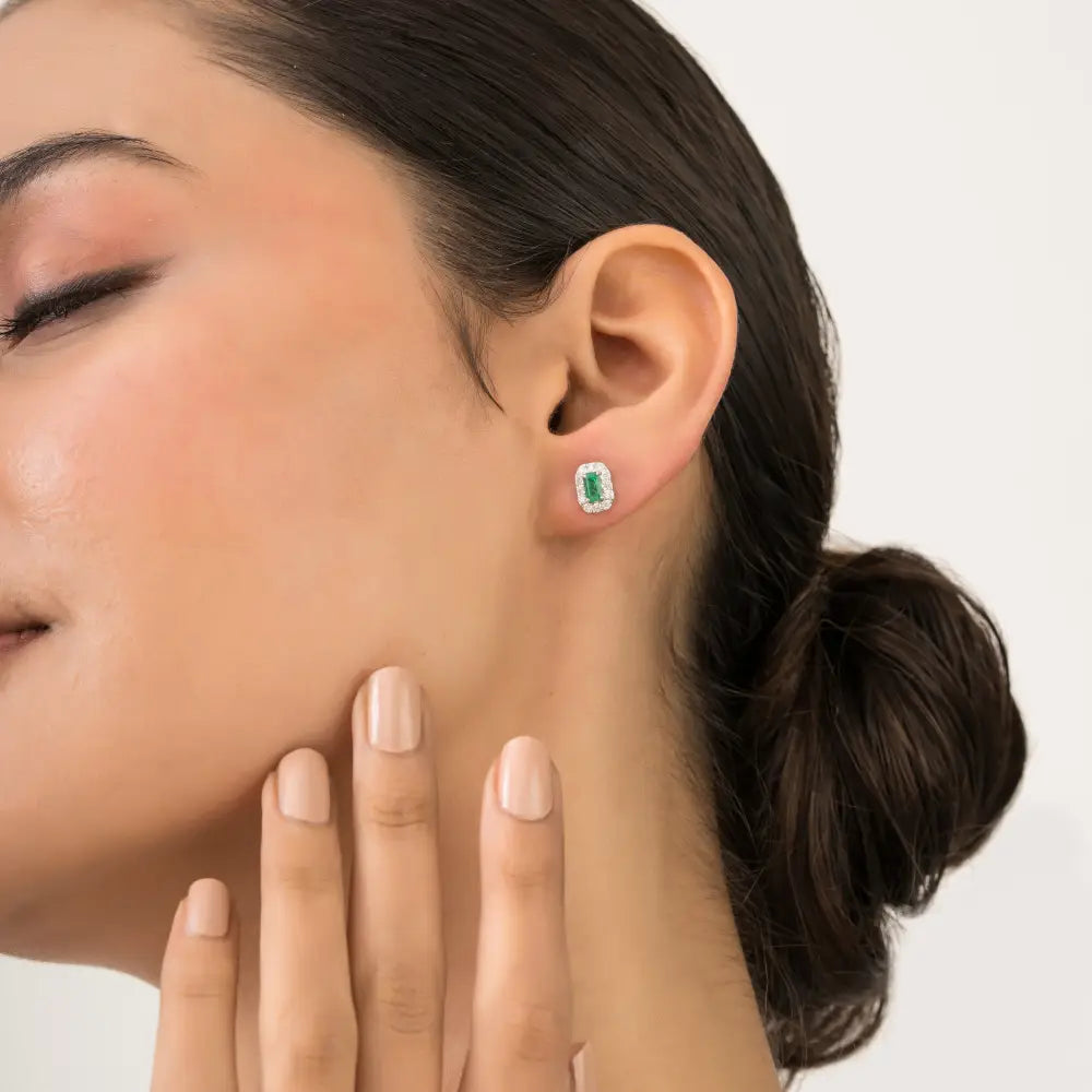 Dainty Small Emerald & Diamond Halo Stud Earrings Handmade 14K Pure White Gold Jewelry