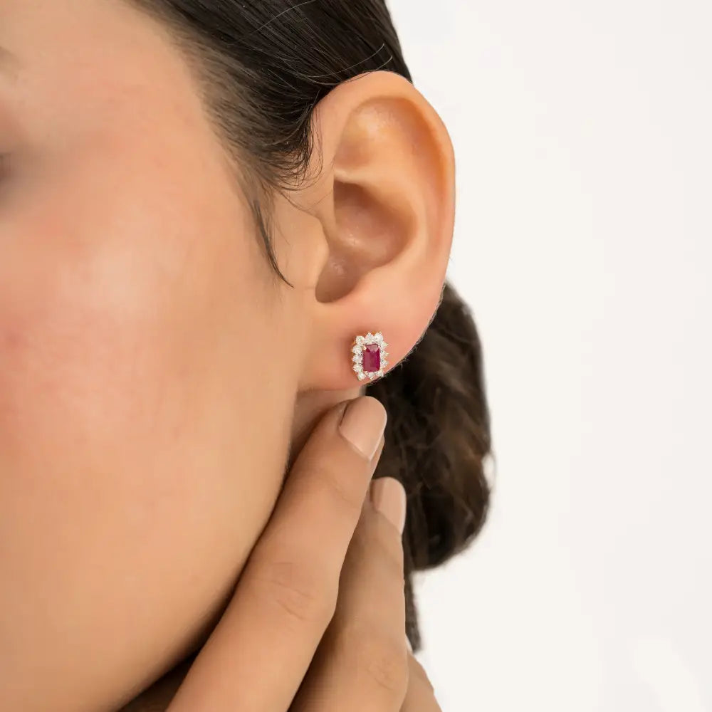 July Birthstone Ruby & Diamond Fine 14K Yellow Gold Small Cluster Stud Earrings Gift For Her