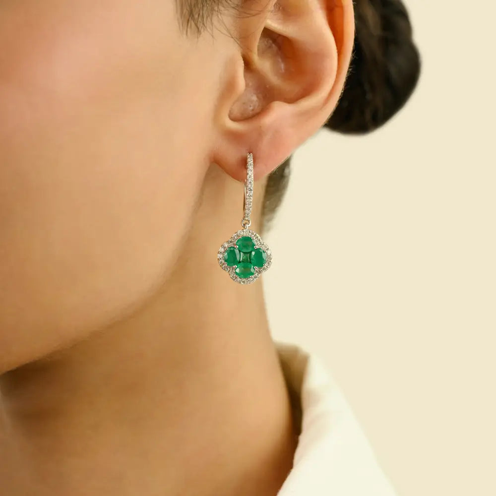 K14 White Gold Emerald & Diamond Hoop Charm Clover Drop Earrings Statement Jewelry