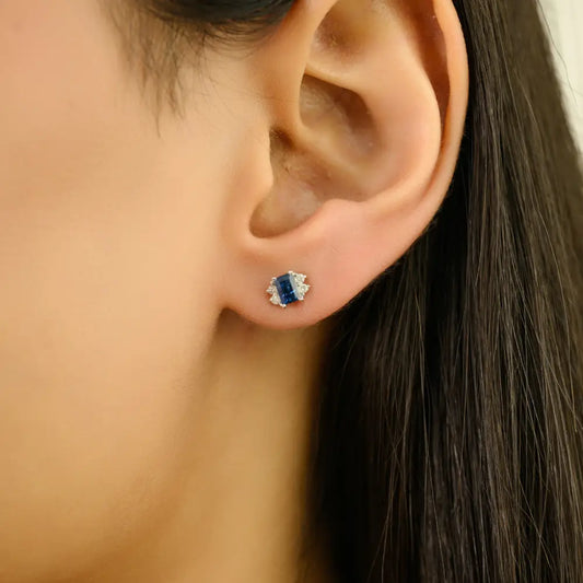 Delicate Blue Sapphire & Diamond 14K White Gold Minimal Stud Earrings Graduation Gift