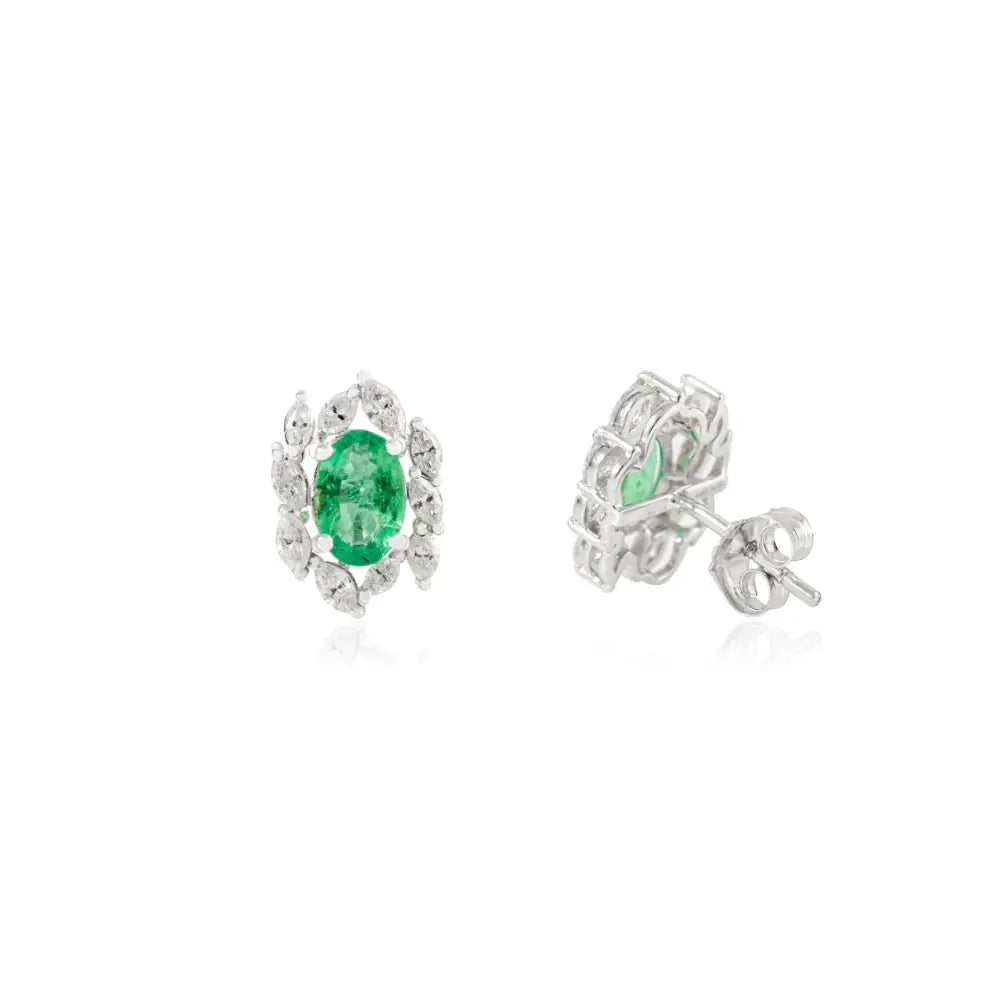 Prong Setting Emerald & Diamond Unique Design Stud Earrings Everyday Jewelry 14K Gold