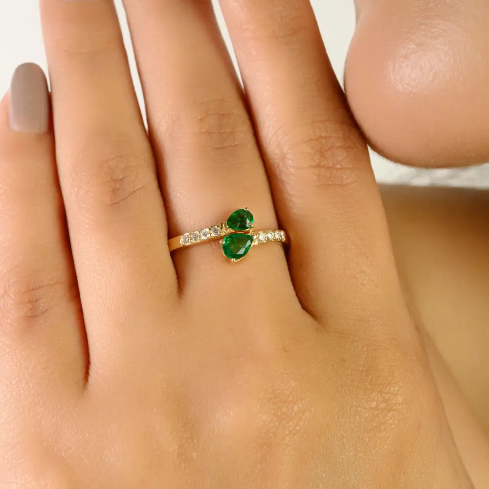 14K Yellow Gold Emerald & Diamond Minimal Bypass Ring Wholesale Price Jewelry Manufacturer