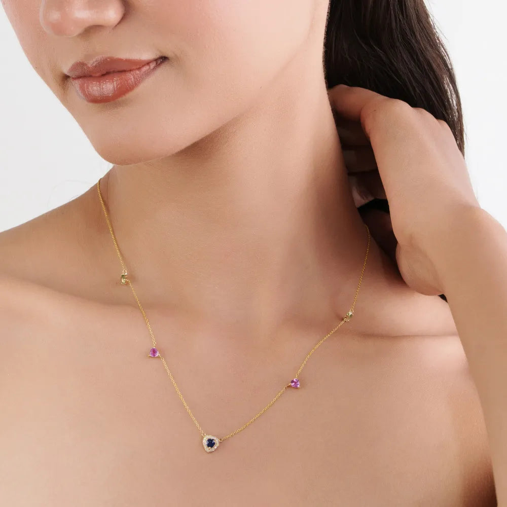 Heart Shape Multi Sapphire & Diamond Elegant Charm Necklace Real K14 Yellow Gold Customized Jewelry