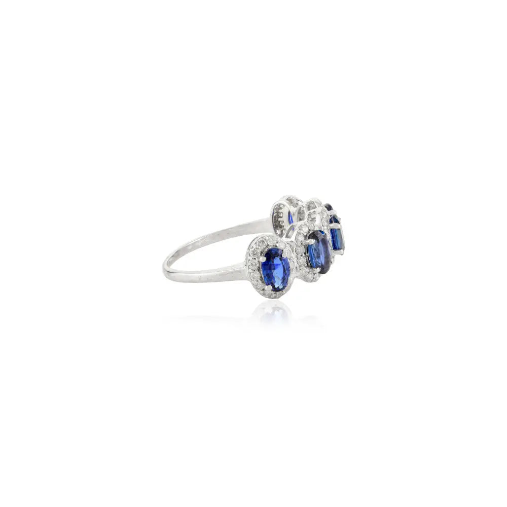Natural Oval Blue Sapphire & Round Diamond Halo Half Eternity Band Ring 14K White Gold
