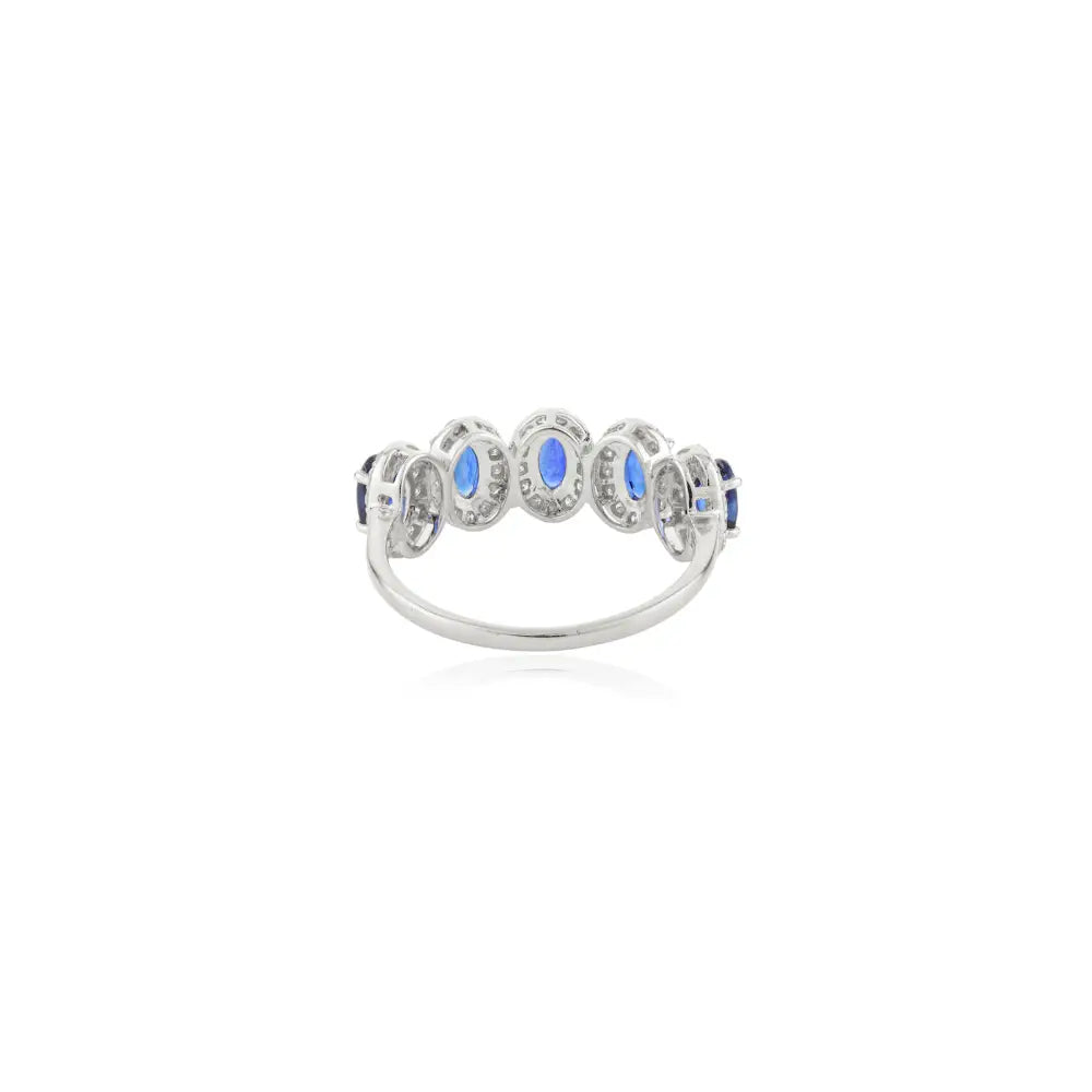 Natural Oval Blue Sapphire & Round Diamond Halo Half Eternity Band Ring 14K White Gold