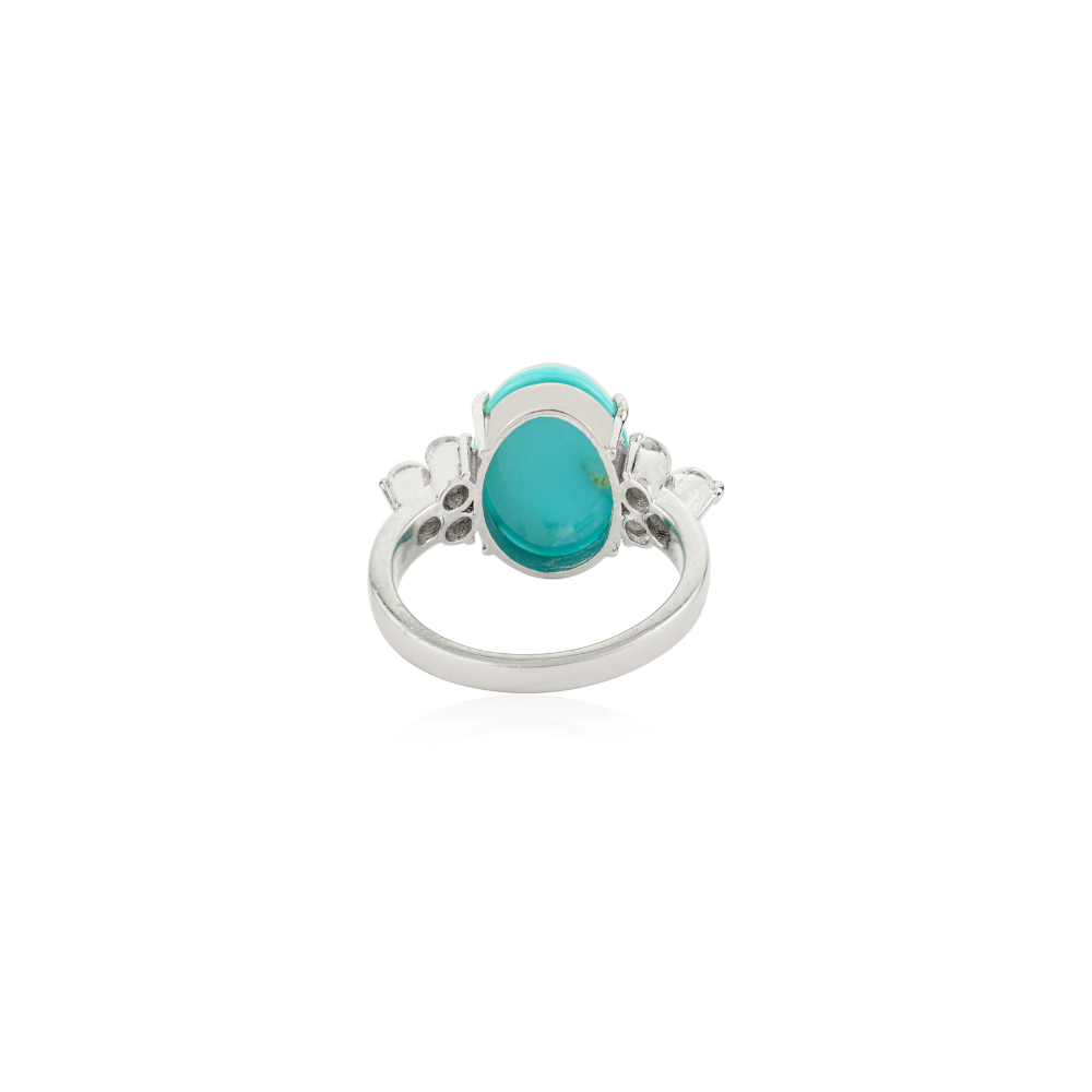 Pure 925 Sterling Silver Jewelry 100% Natural Turquoise & American Diamond Gemstone Ring For Women
