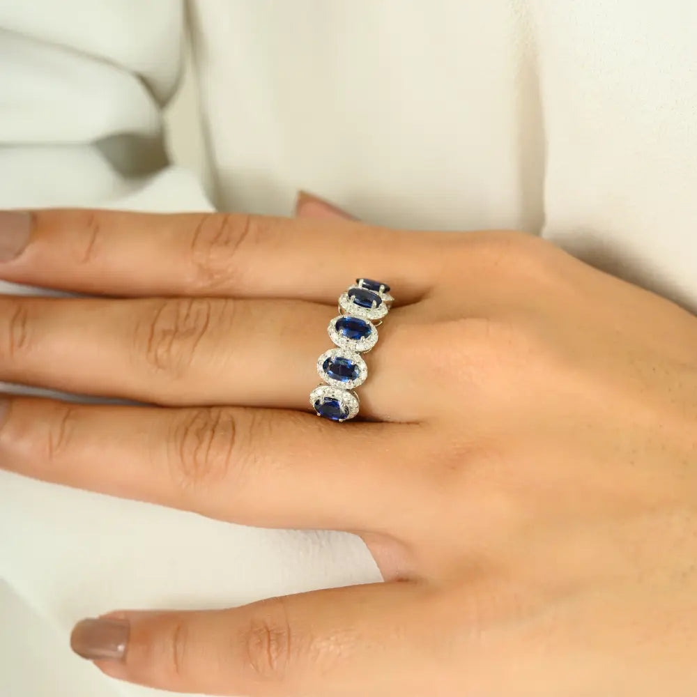 Natural Oval Blue Sapphire & Round Diamond Halo Half Eternity Band Ring 14K White Gold