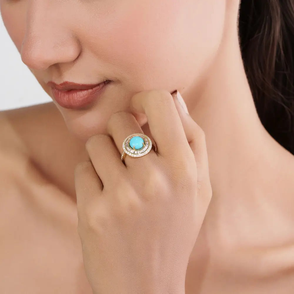 Round Cut Turquoise & Diamond Double Cluster Statement Ring December Birthstone 14K Gold