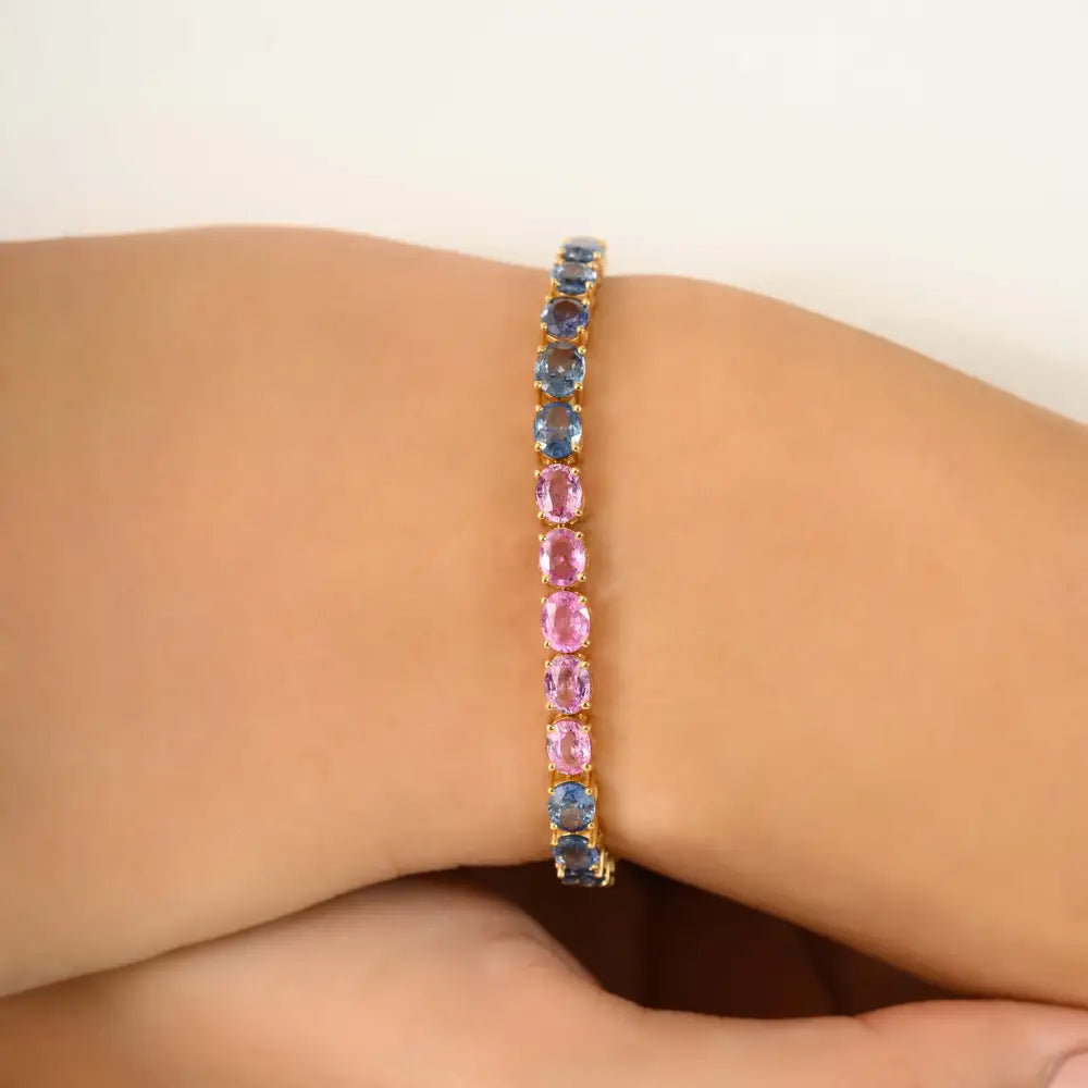 New Collection of Handmade Multi Sapphire Gemstone Tennis Bracelet Real 18K Yellow Gold