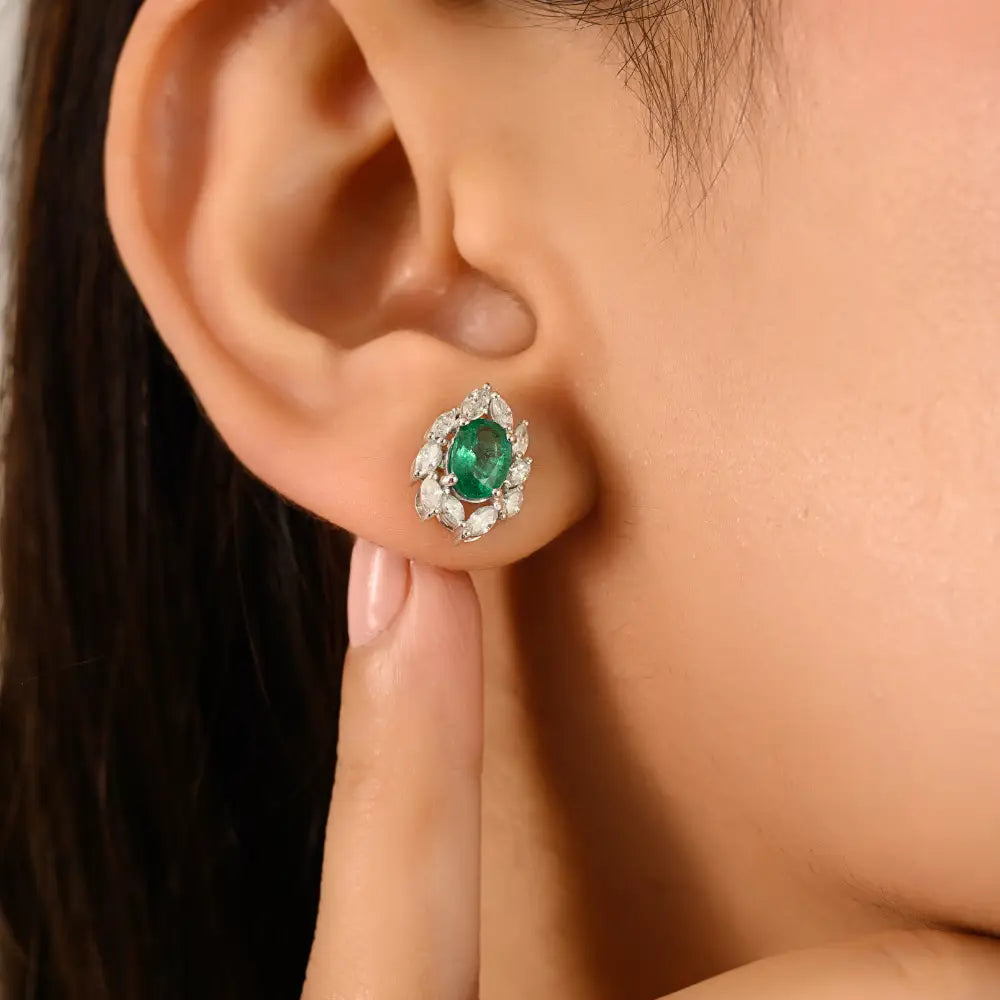 Prong Setting Emerald & Diamond Unique Design Stud Earrings Everyday Jewelry 14K Gold