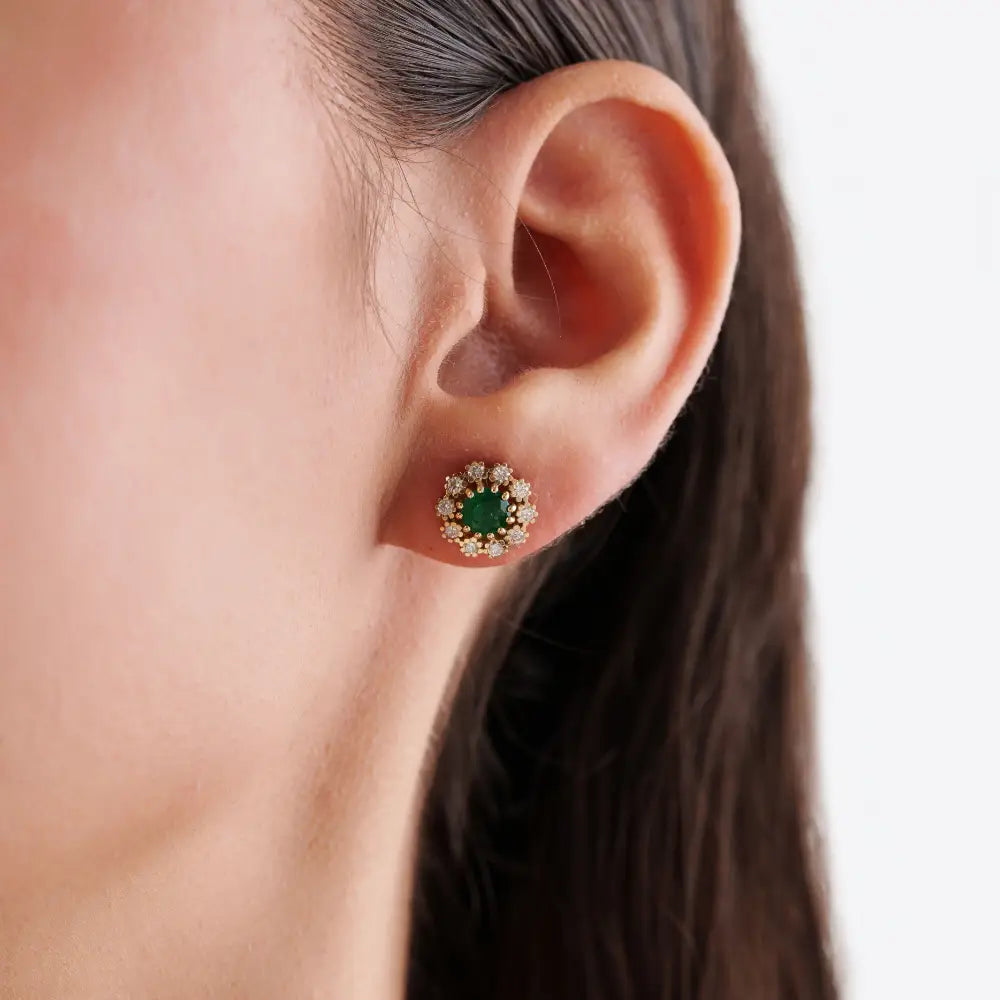 Flower Inspired Round Cut Emerald & Diamond Pure 14K Yellow Gold Stud Earrings For Girls