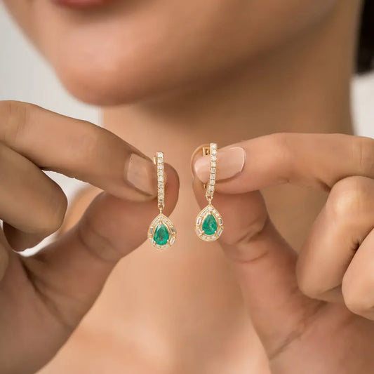 Elegant Emerald & Diamond K14 Real Yellow Gold Halo Hoop Drop Earrings Women Jewelry
