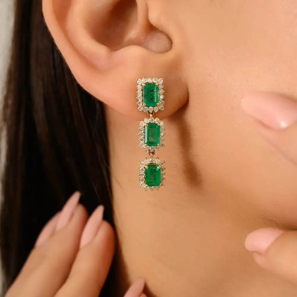 Prong Set Emerald & Diamond Cluster Dangle Earrings For Women Wedding Jewelry 14K Gold
