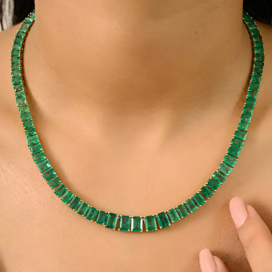 Statement Jewelry Real Emerald Tennis Necklace For Bridal K14 Yellow Gold May Birthstone