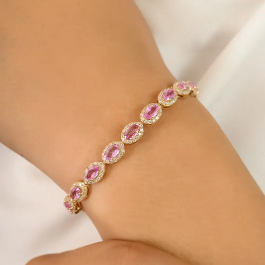 Pink Sapphire & Diamond Box Lock Halo Tennis Bracelet K14 Solid Yellow Gold New Jewelry