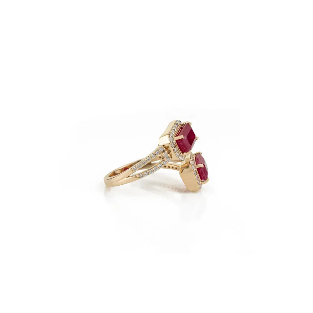 Ruby & Diamond 14K Solid Yellow Gold Fine Split Shank Halo Bypass Ring For Wedding Jewelry