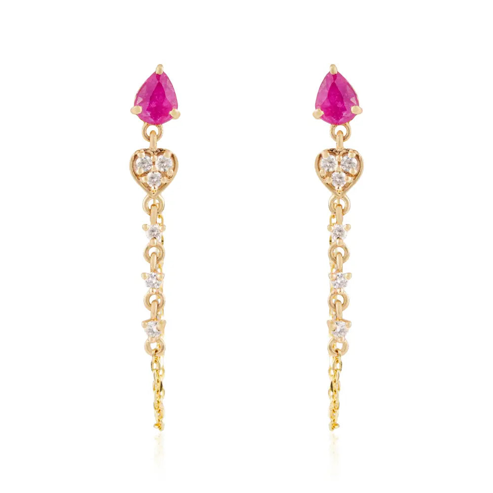 Precious Gemstone Ruby & Diamond Chain Loop Drop Earrings Solid K14 White Gold Jewelry