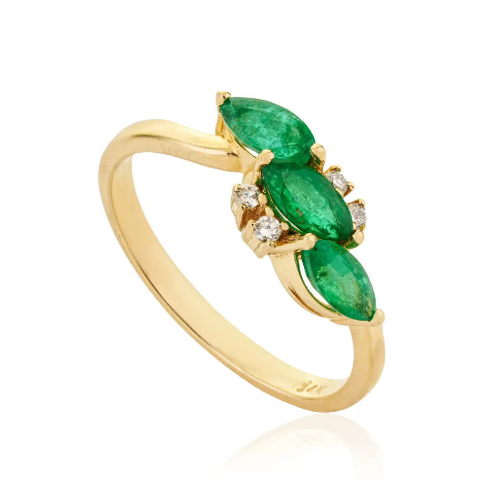 Marquise Shape Emerald & Diamond Three Stone Ring Stackable 14K Yellow Gold Jewelry