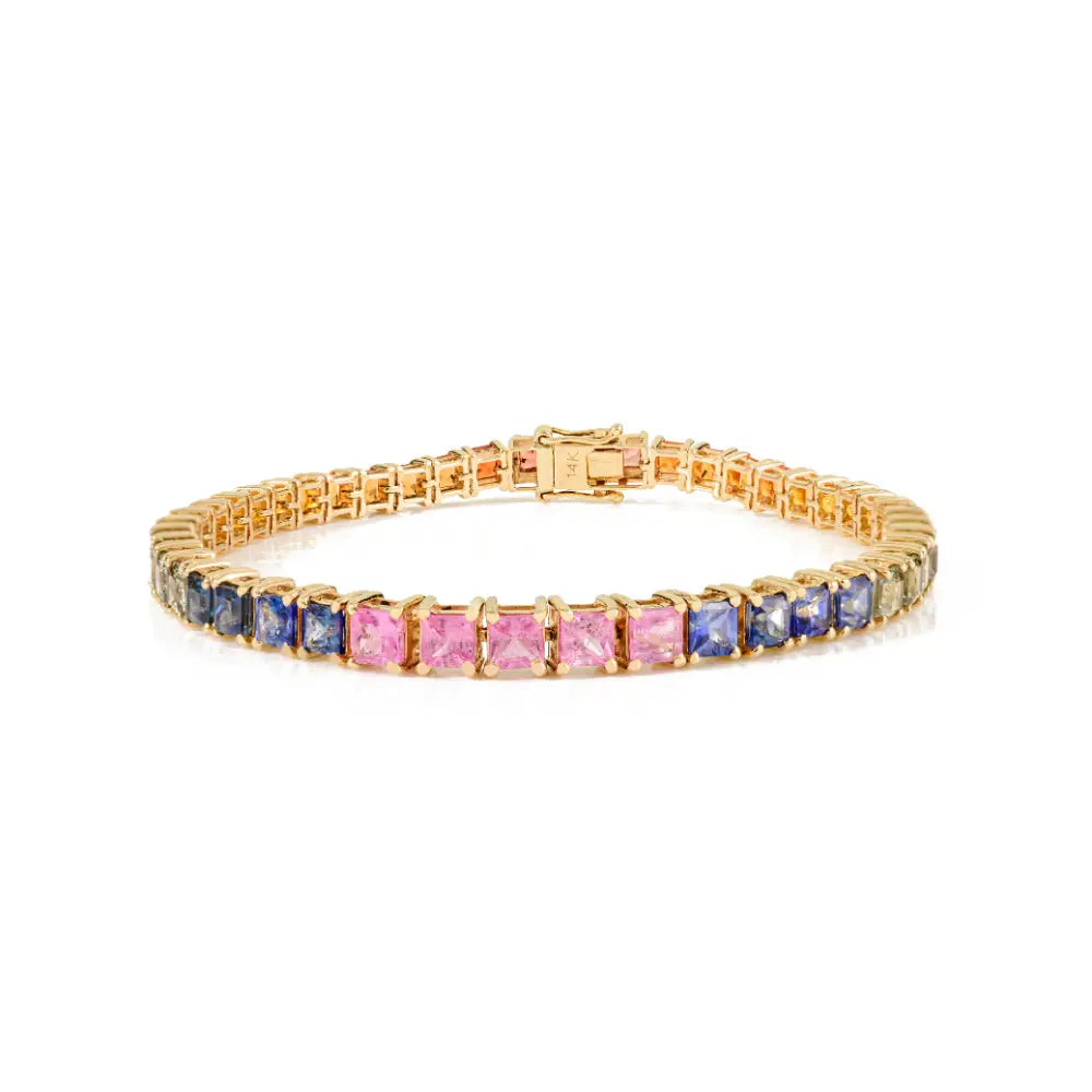 Asscher Cut Colorful Multi Sapphire 14K Solid Yellow Gold Stacking Tennis Bracelet New Arrivals