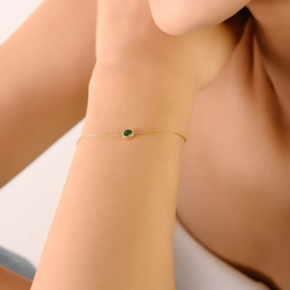 K14 Yellow Solid Gold Minimalist Round Cut Emerald Single Stone Bracelet Stacking Jewelry