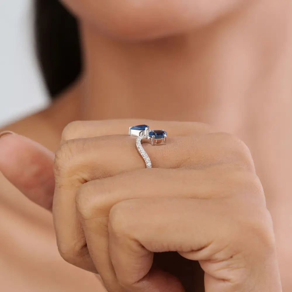 14K Real White Gold Blue Sapphire & Diamond Wavy Open Toi et Moi Ring Wedding Jewelry