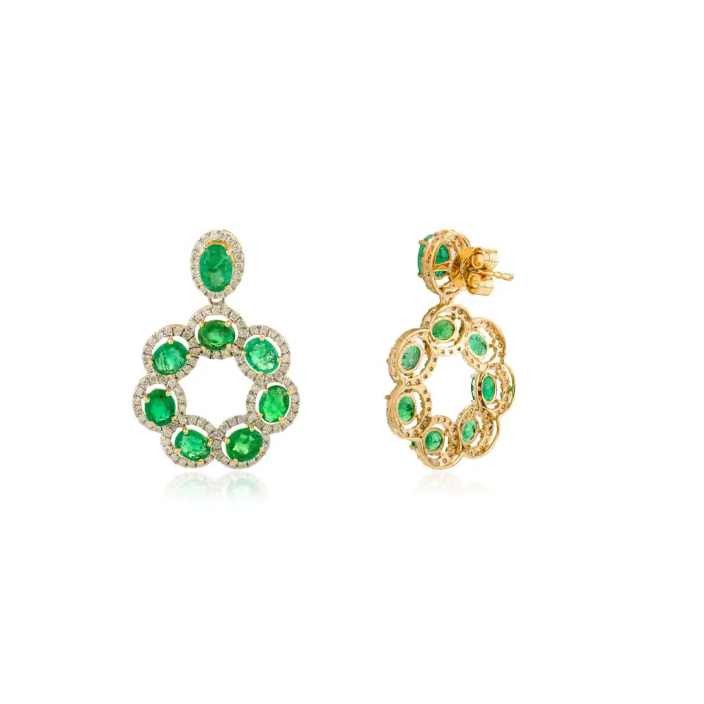 Floral Inspired Zambian Emerald & Diamond Statement Drop Earrings 18K Yellow Gold Fine Jewelry