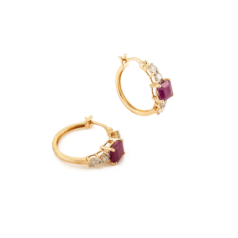K14 Solid Yellow Gold Trending Ruby & Diamond Hoop Earrings For Women Girl Gifting Jewelry