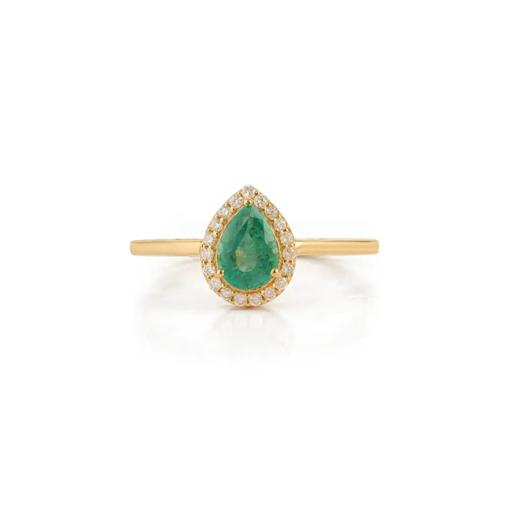 Minimal Emerald & Diamond K18 Solid Yellow Gold Pear Shape Halo Ring Customized Jewelry