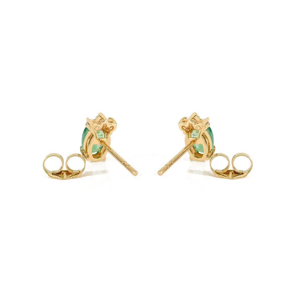 Minimalist Oval Emerald & Round Diamond 14K Yellow Gold Small Stud Earrings Daily Wear Jewelry