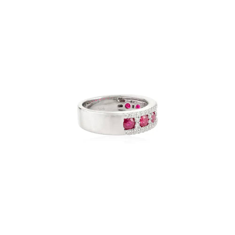 3mm Round Cut Ruby & Diamond Statement Half Eternity Band Ring Pure K14 White Gold Jewelry