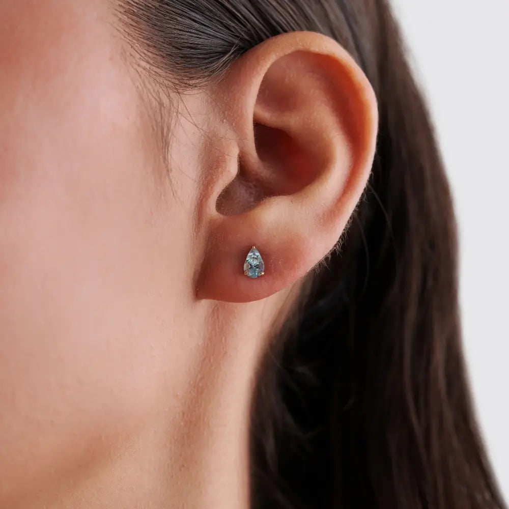 Solid 14K White Gold Pear Shape Aquamarine Gemstone Single Stone Minimal Stud Earrings