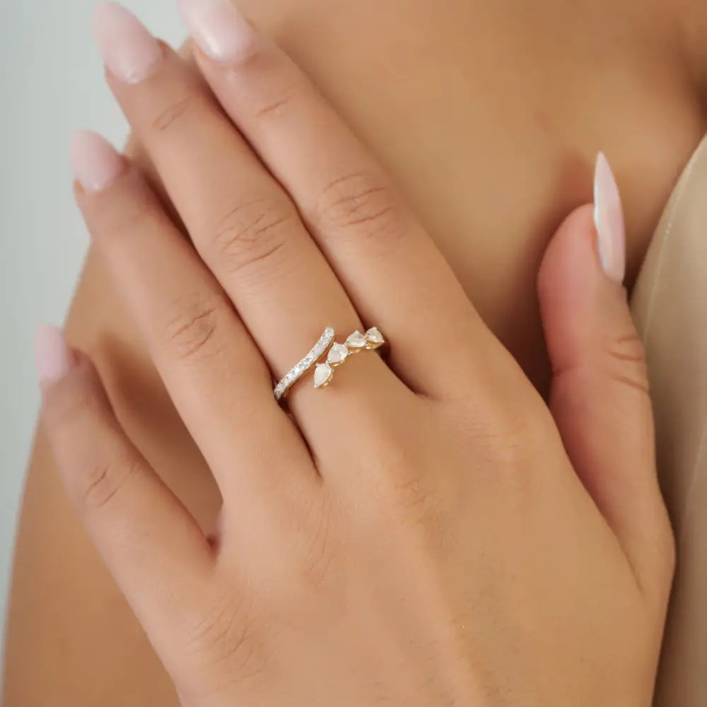 Minimal Unique Design Real Diamond Stacking Bypass Ring Custom 14K Yellow Gold Jewelry