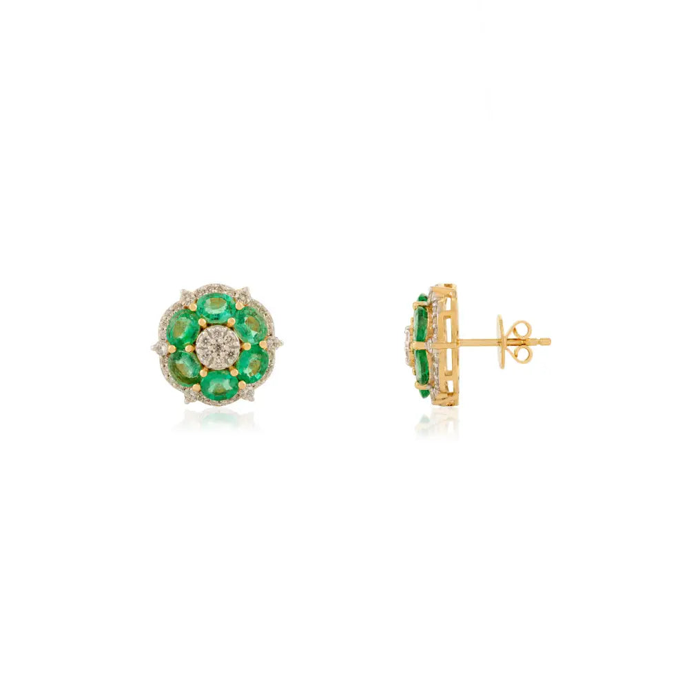 Flower Inspired Emerald & Diamond Statement Stud Earrings Fine 18K Yellow Gold Jewelry