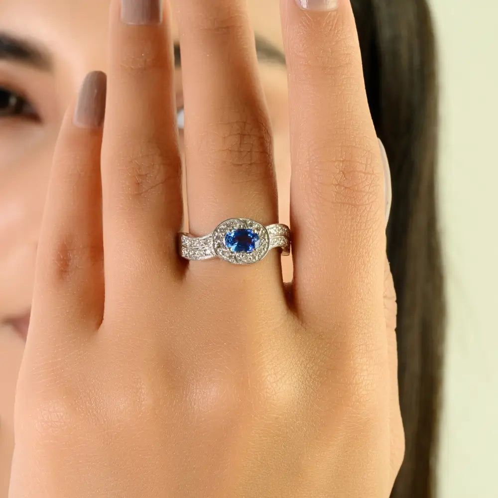 Oval Blue Sapphire & Diamond Double Layer Statement Ring K14 White Gold Fine Jewelry