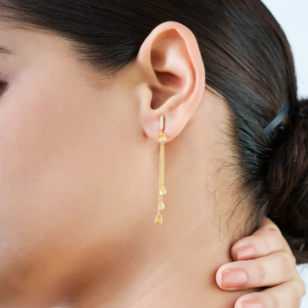 Light Weight 14K Real Gold Yellow Sapphire & Diamond Triple Link Chain Drop Earrings Women's